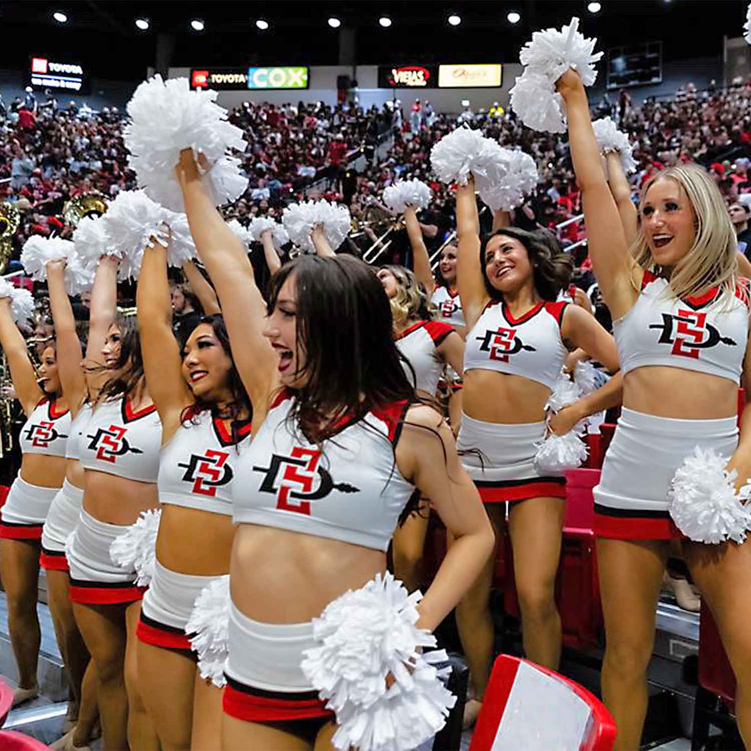 Dance Team members at arena seats performing with pom-poms