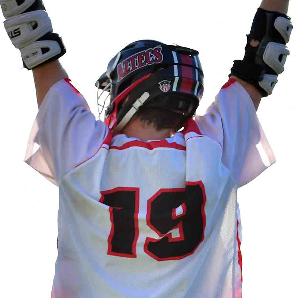 A SDSU Men's Lacrosse player wearing a white jersey and black gloves.