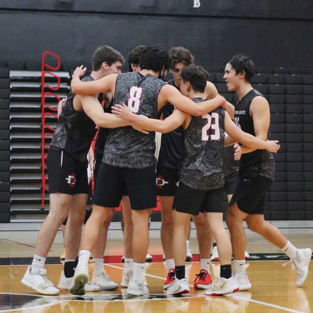 Group of men's volleyball club in a huddle during the game