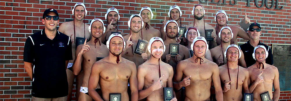 Men's Water Polo Sport Club team posing with their National Collegiate Club Championship plaques
