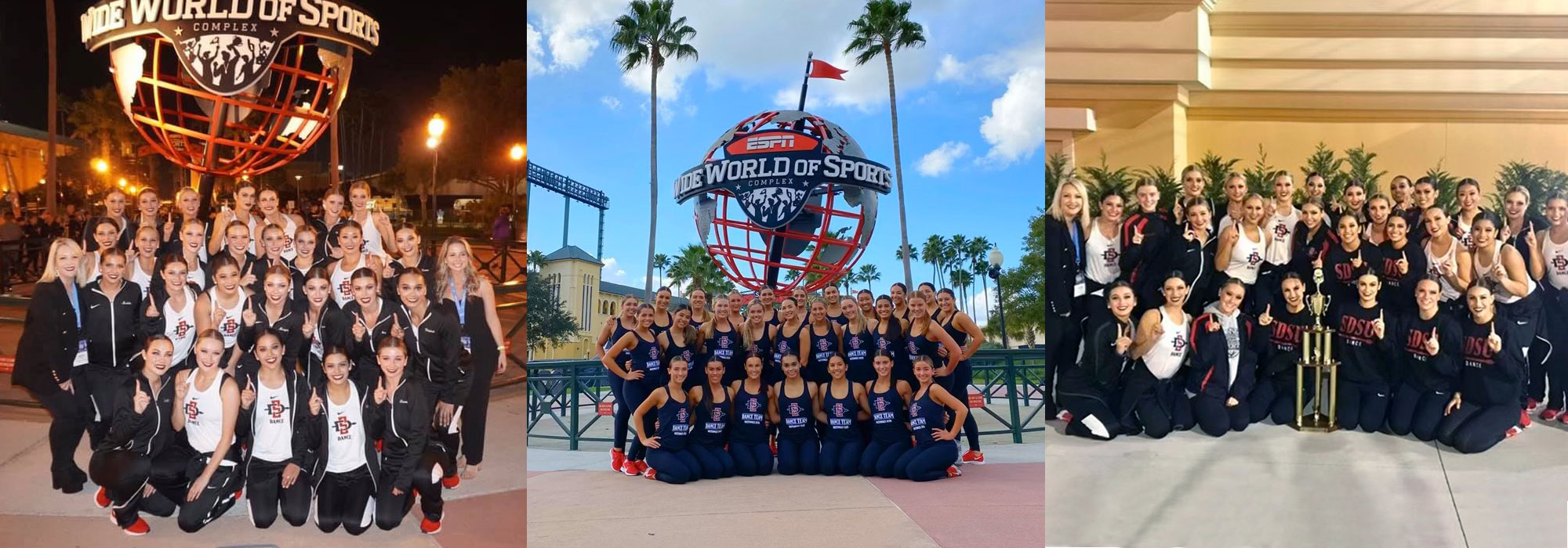 The Dance Club team posing at the Dance National Championships (left, center) and the team posing with their Championship trophy (right)
