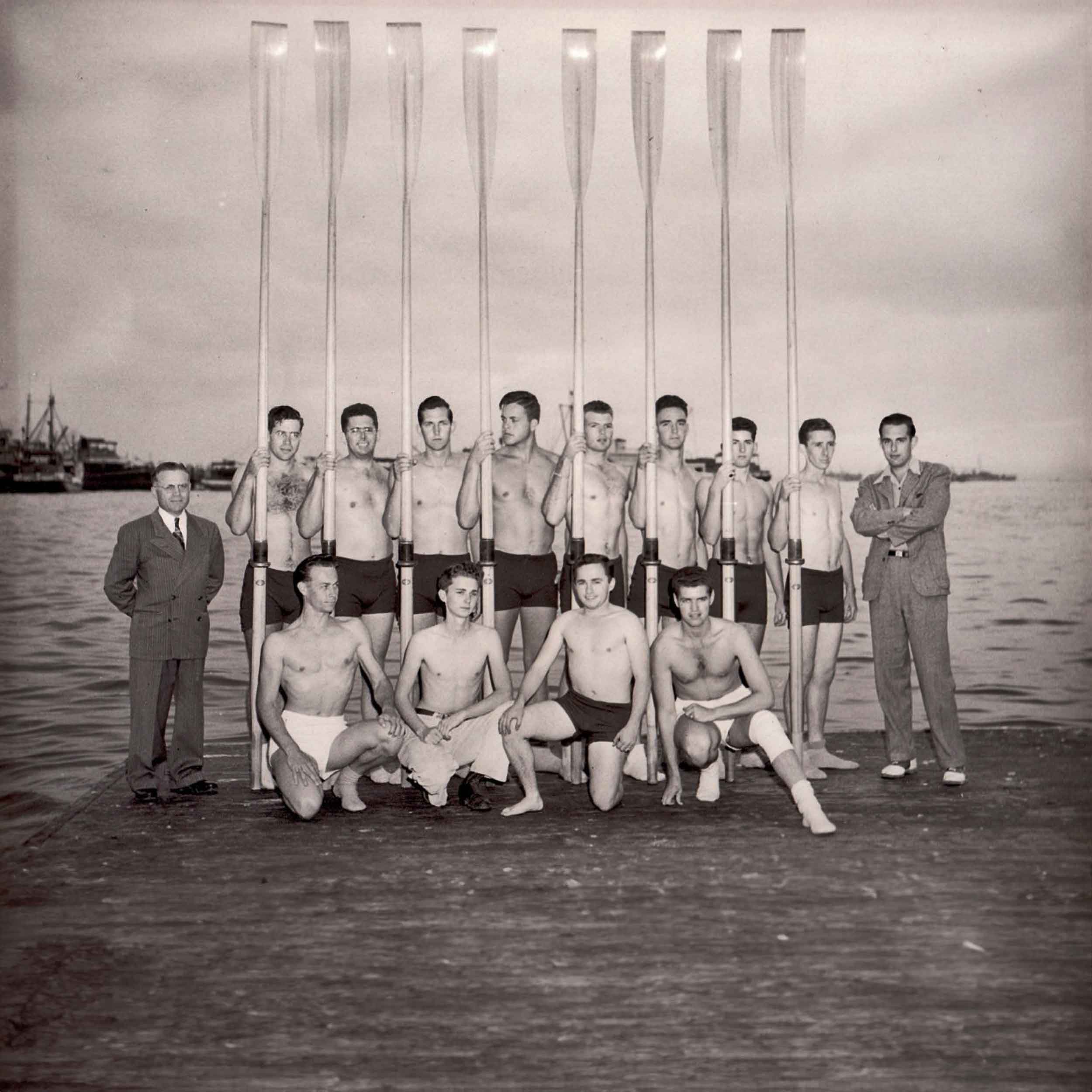 B/W Crew members group photo at the dock - historic