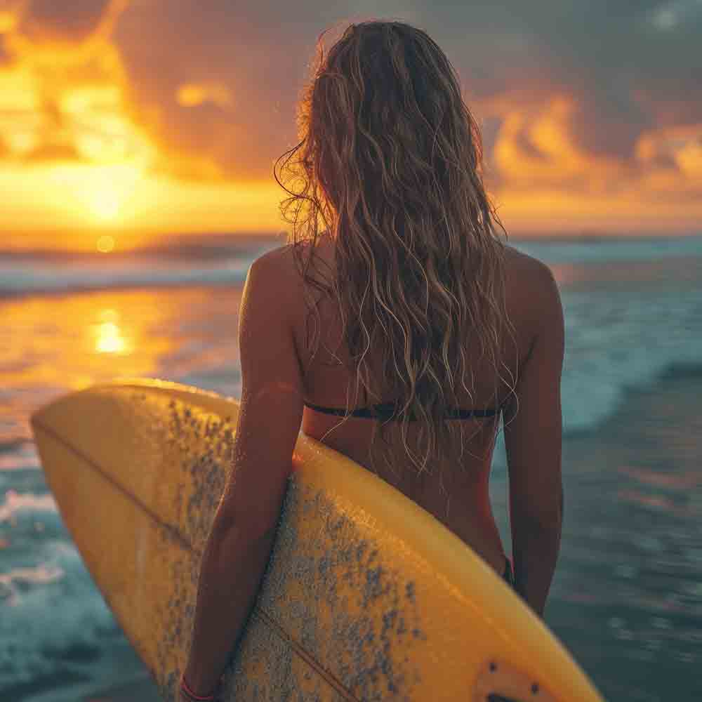 Surfer standing on the beach with a surfboard during a sunset