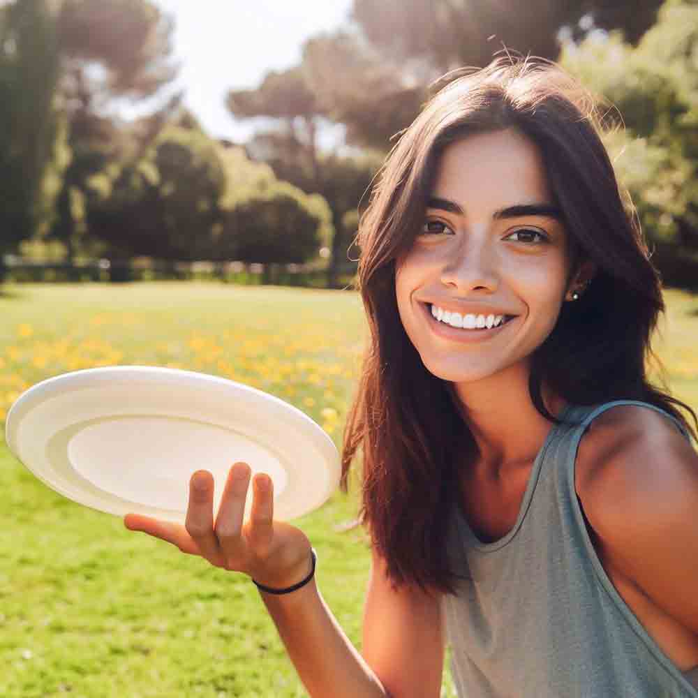 SDSU Women's ultimate frisbee member holding a frisbee disk in the park