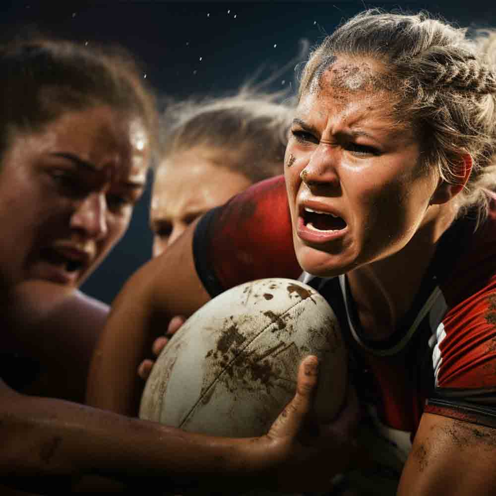 SDSU women's rugby players with intense facial expressions, during a game
