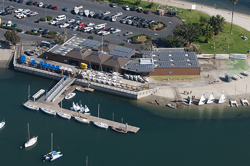 An aerial photo of the Mission Bay Aquatic Center