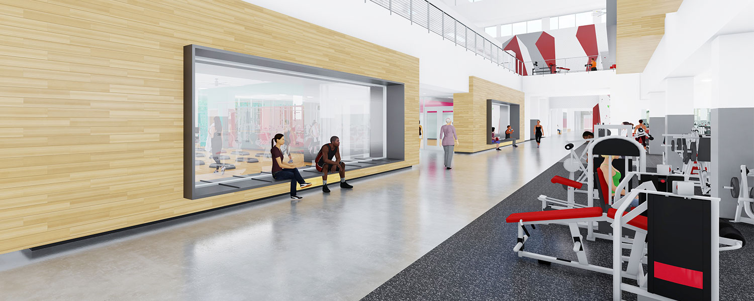 Rendering: View of Floor Group Exercise studio from the hallway
