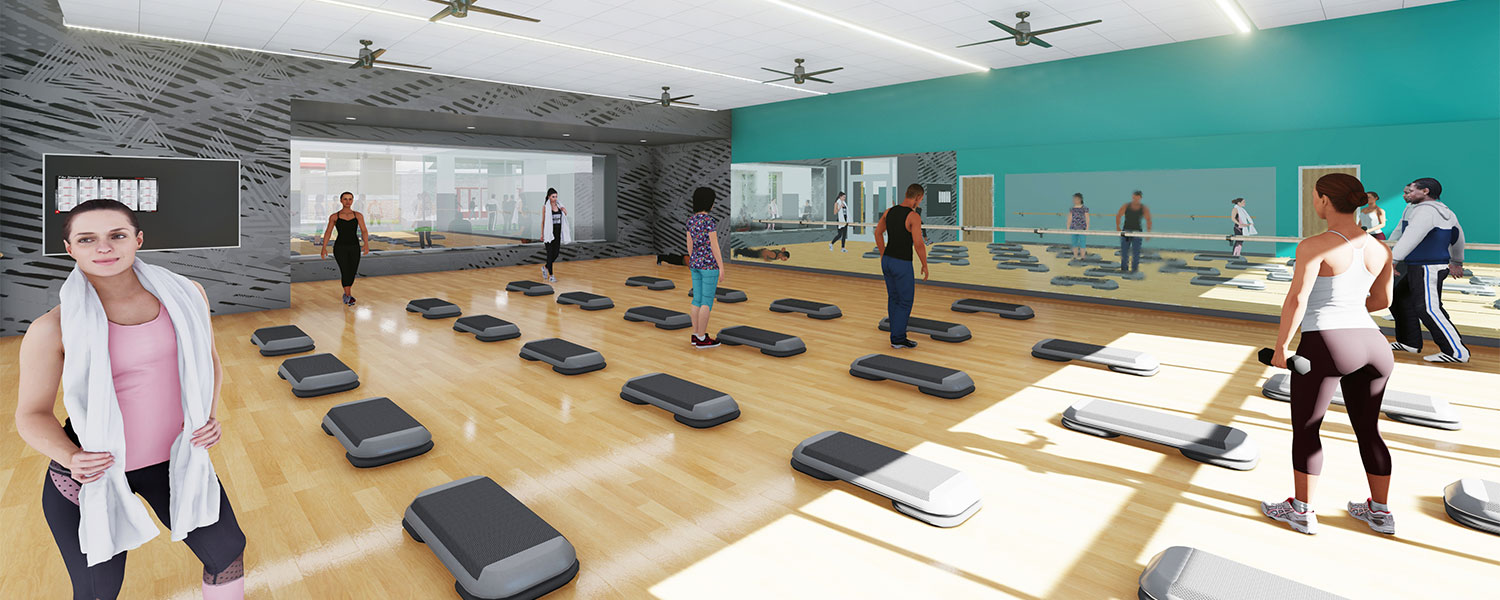 Rendering: View of the group fitness studio.